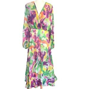 Watercolor Maxi Dress Womens Large Artsy Flowy Multicolored Long Sleeve Lined
